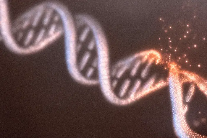 Pigment illustration of a DNA helix breaking into light