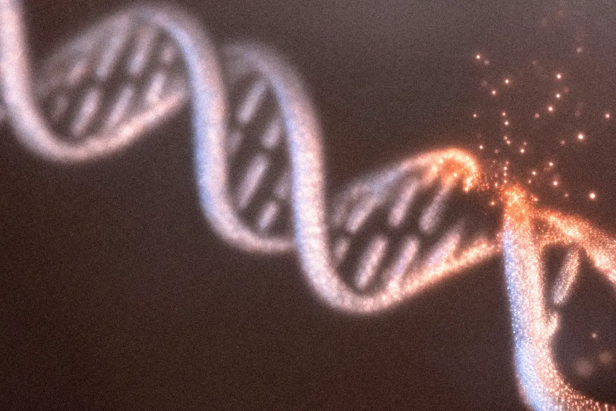 Pigment illustration of a DNA helix breaking into light